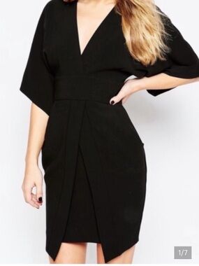 ASOS Black V-Neck Dress with Zip Back, kimono sleeve , below knee , US 6